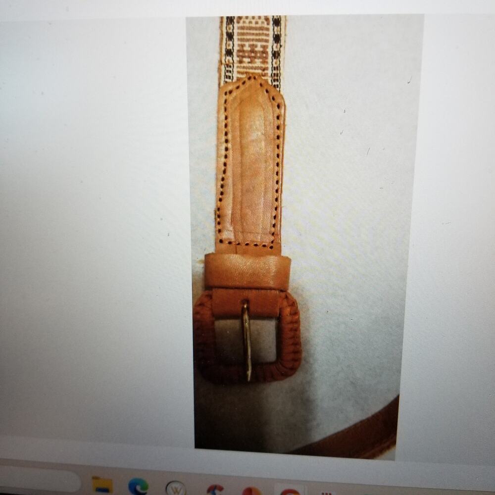 Aztec Tapestry Leather Belt Women's Tan-Brown Leather Length 40 inches - Picture 2 of 4